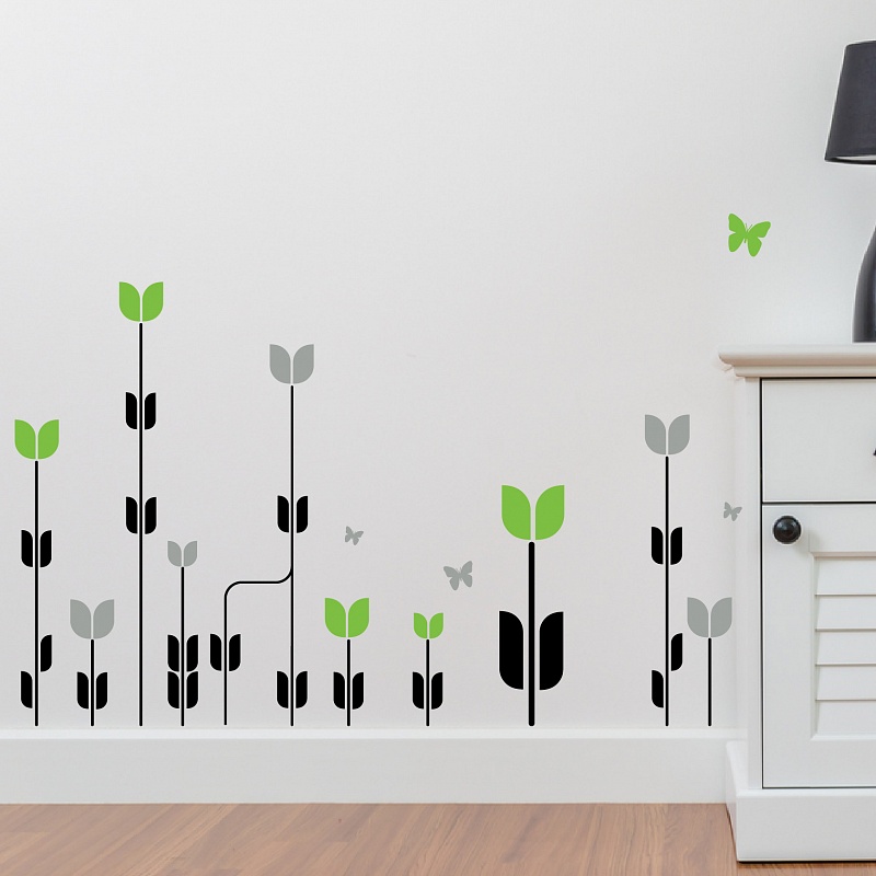 Samolepka kvety v pokoji se stolkem zelena 063 | Květiny (w26)